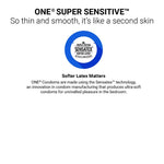 Advertisement for ONE Super Sensitive condoms with Sensatex logo on a white background