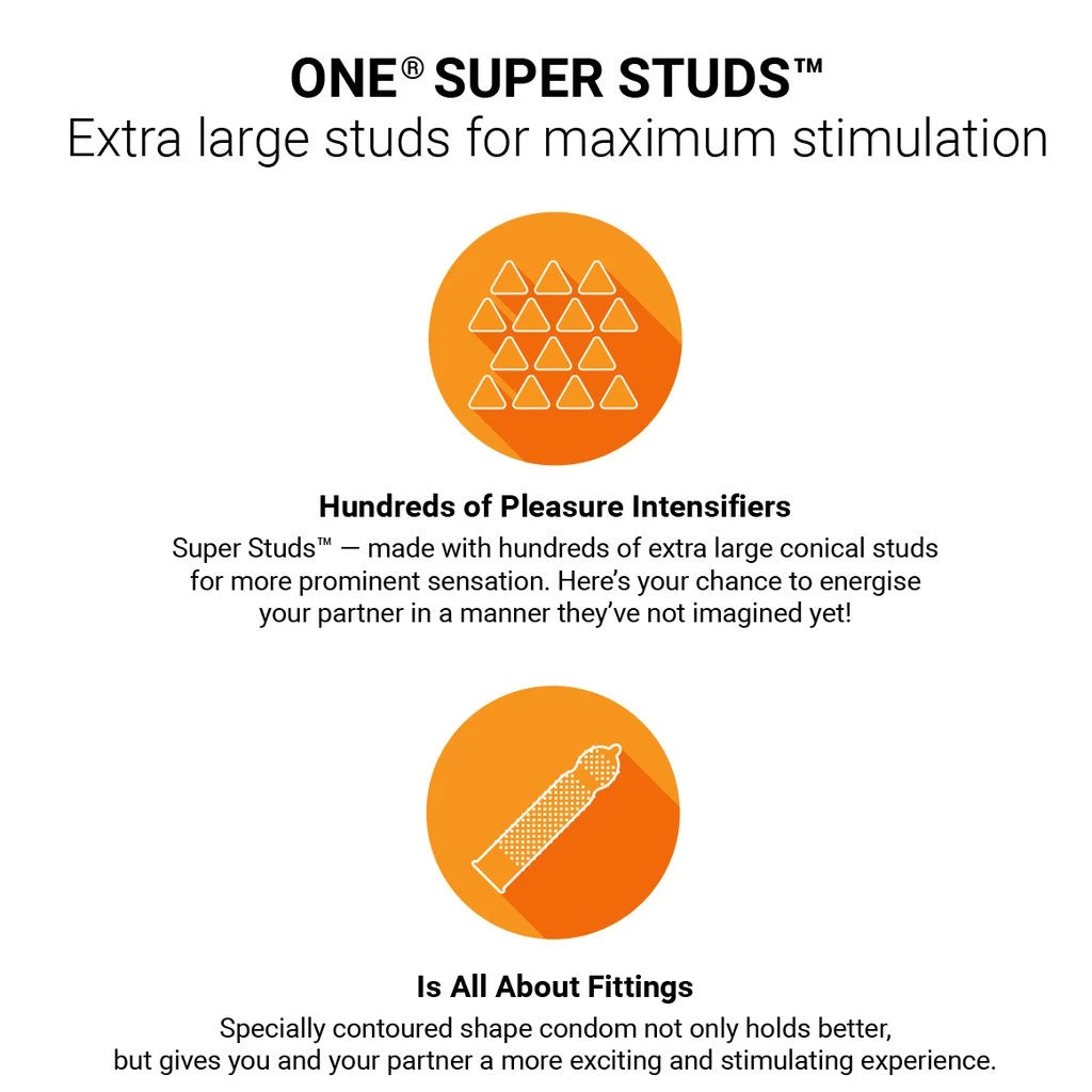 Advertisement for ONE Super Studs with text and orange icons on a white background