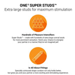 Advertisement for ONE Super Studs with text and orange icons on a white background