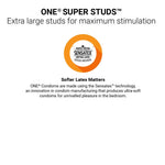 Advertisement for ONE Super Studs condoms with Sensatex logo on a white background