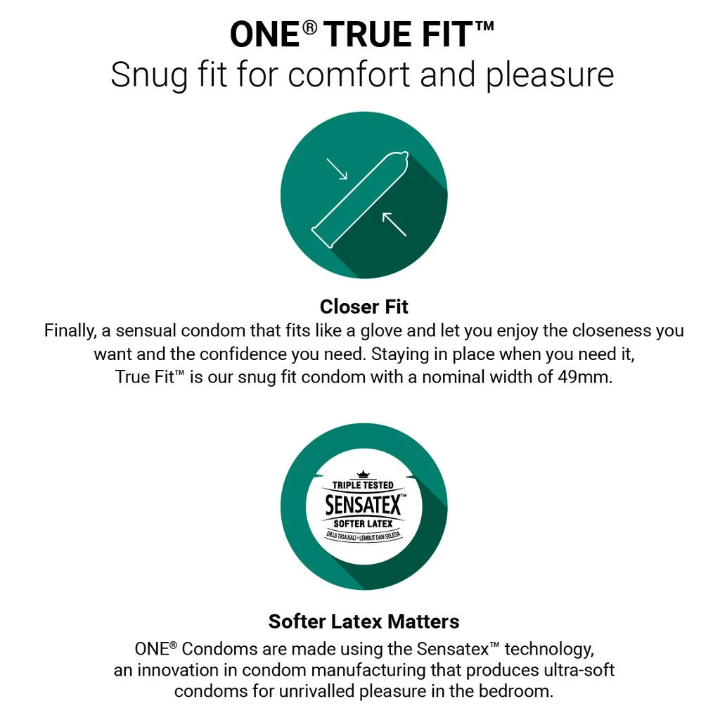 Advertisement for ONE True Fit condoms with text and branding on a white background