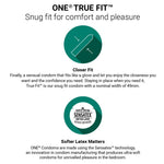 Advertisement for ONE True Fit condoms with text and branding on a white background