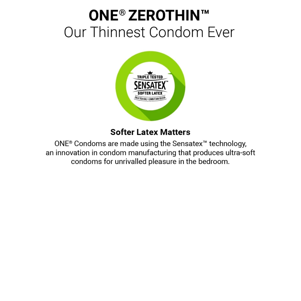 Advertisement for ONE ZEROTHIN condoms with Sensatex logo on a white background