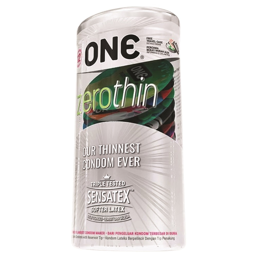 ONE Zerothin ultra thin condoms 12 pack box on a clean background for discreet delivery in Malaysia.