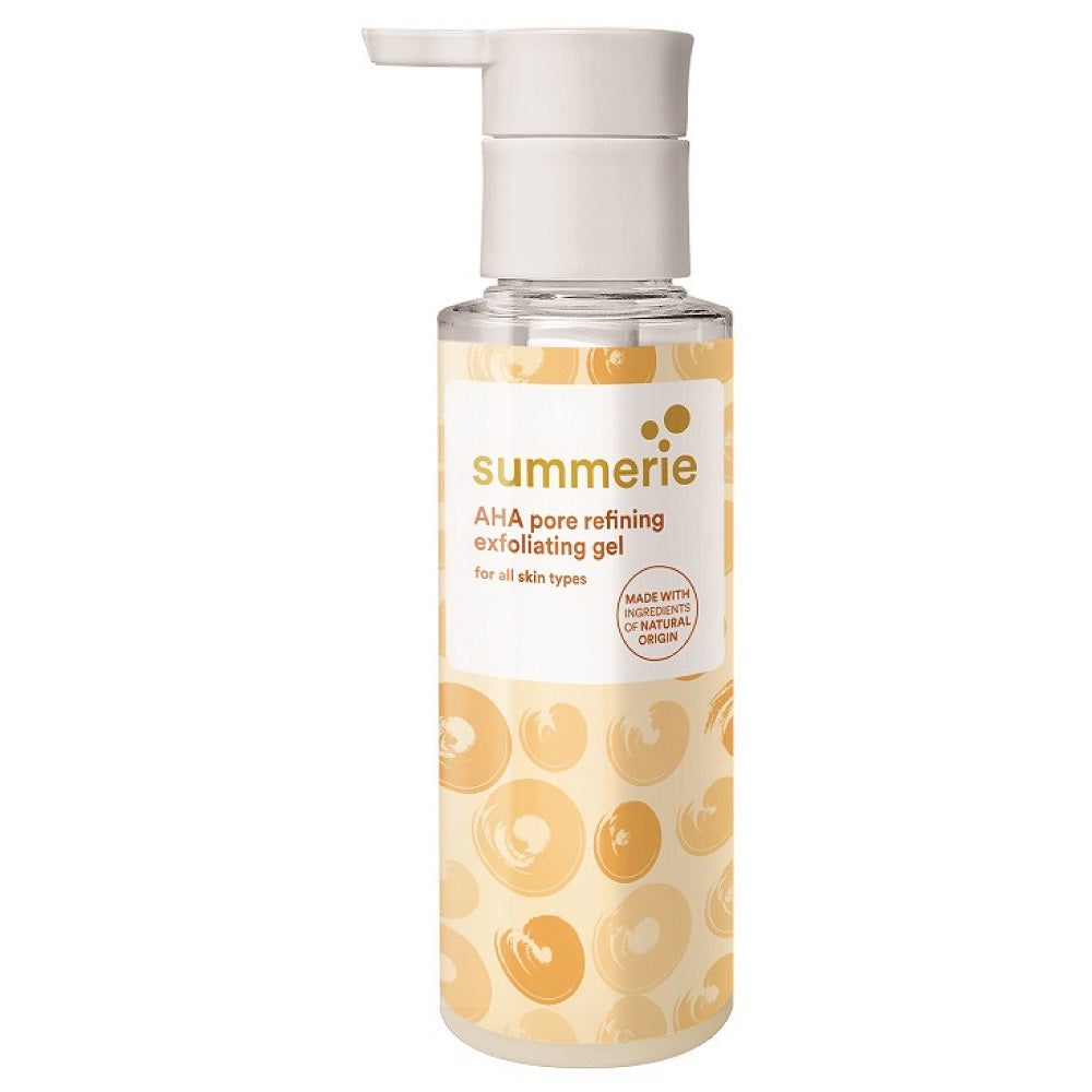SUMMERIE AHA Pore Refining Exfoliating Gel 100ml tube packaging against a clean white background.