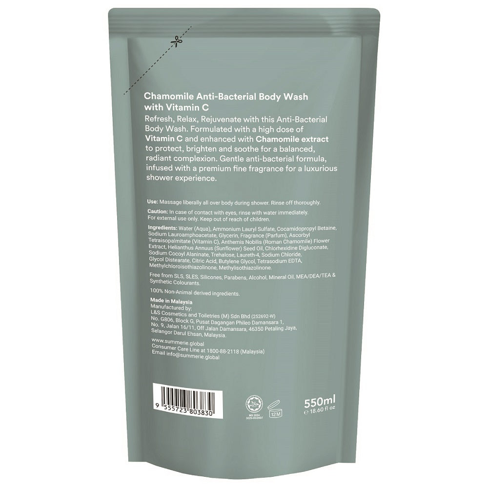 Back label of SUMMERIE Anti-Bacterial Body Wash Refill 550ml - Chamomile showing ingredients list