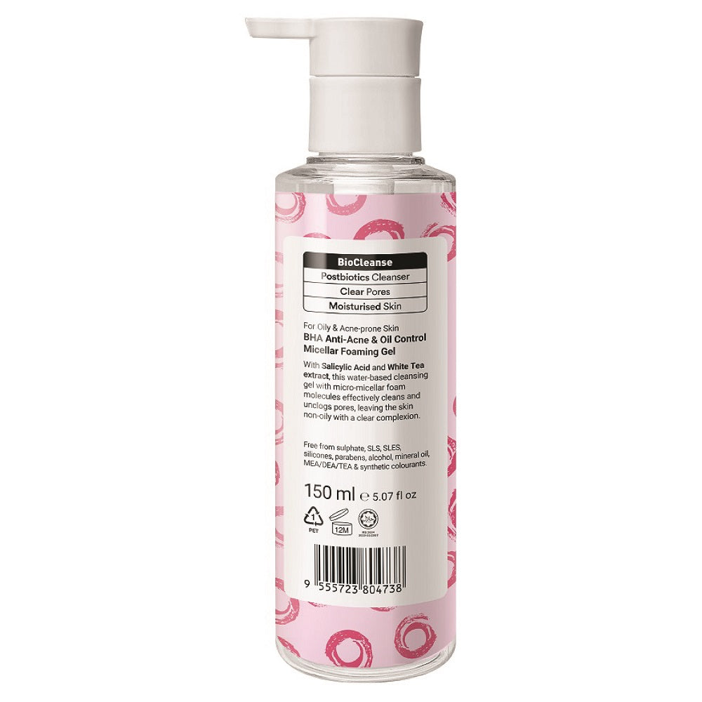 Back label of SUMMERIE 150ml Micellar Foaming Gel showing directions for use and anti-acne ingredients.