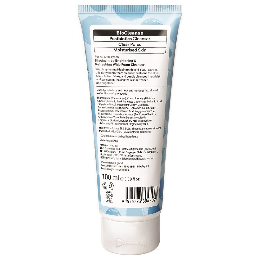 Back tube of SUMMERIE Brightening & Refreshing Whip Foam Cleanser (100ml) showing the usage and ingredients list