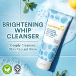 SUMMERIE brightening cleanser bottle surrounded by graphics highlighting Niacinamide for skin brightening and hydration.