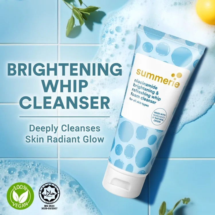SUMMERIE brightening cleanser bottle surrounded by graphics highlighting Niacinamide for skin brightening and hydration.
