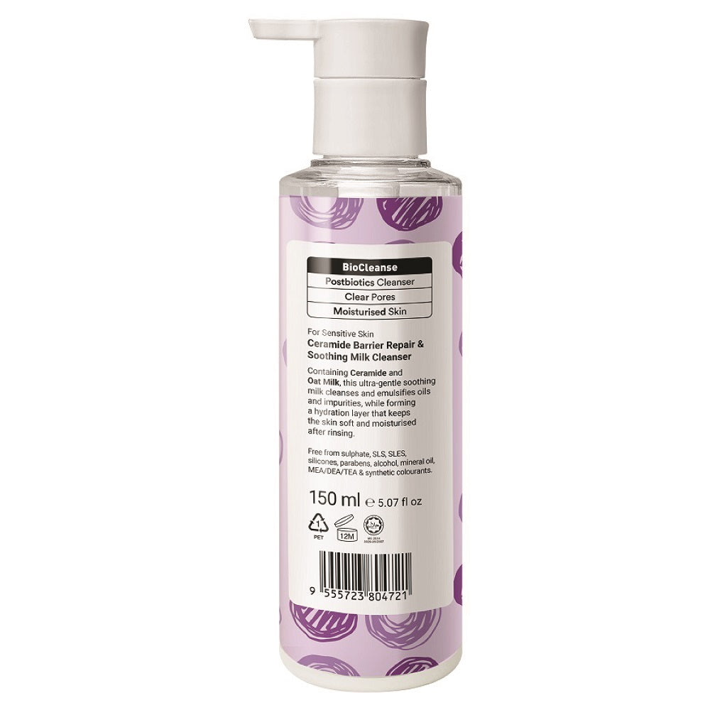 Bottle of SUMMERIE Ceramide Barrier Repair & Soothing Milk Cleanser with purple label on a white background