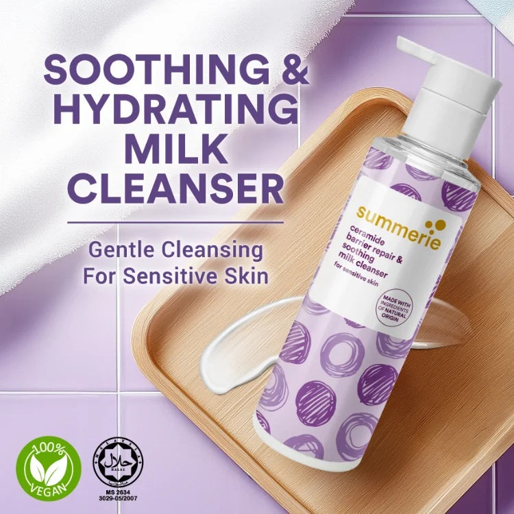 Summier soothing and hydrating milk cleanser bottle on a wooden tray with a purple background