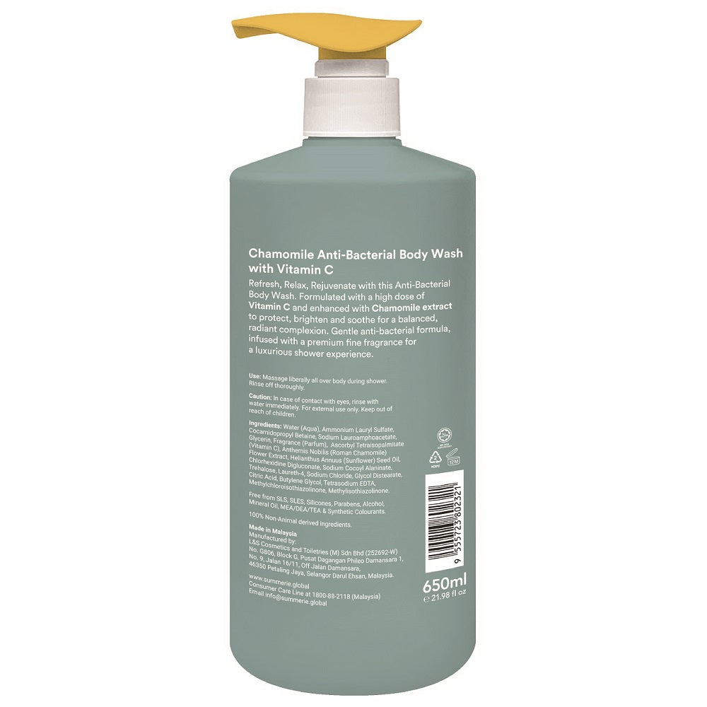 Ingredient list and usage information at the back bottle of SUMMERIE Chamomile Anti-Bacterial Body Wash