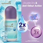 Summerie deodorant roll-on with product details on a blue and purple background