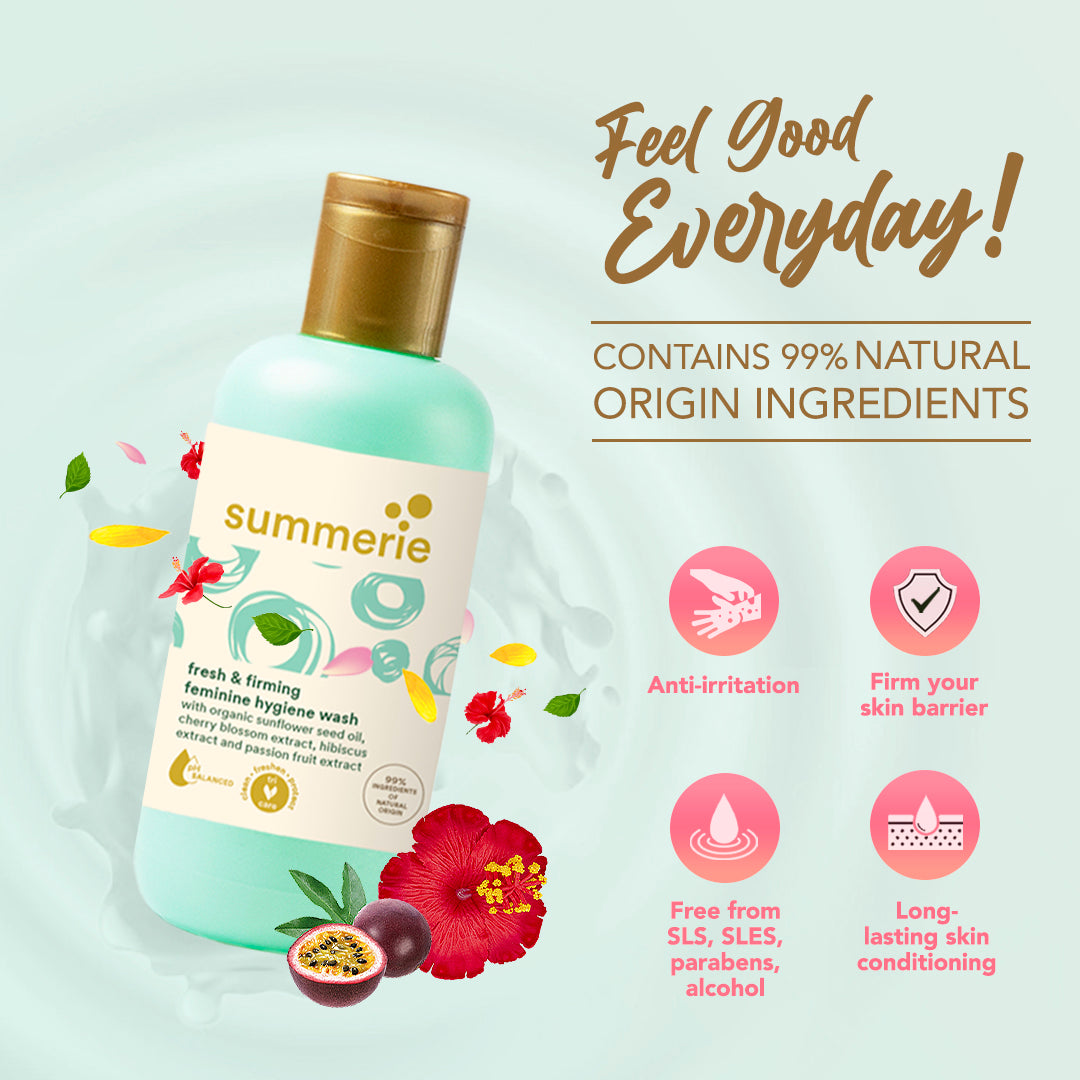 Bottle of Summerie feminine hygiene wash with natural ingredients and benefits on a light background