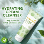Summier hydrating cream cleanser on a green background with text about deep moisture and soft skin.
