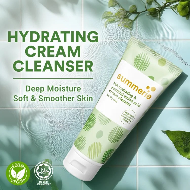 Summier hydrating cream cleanser on a green background with text about deep moisture and soft skin.