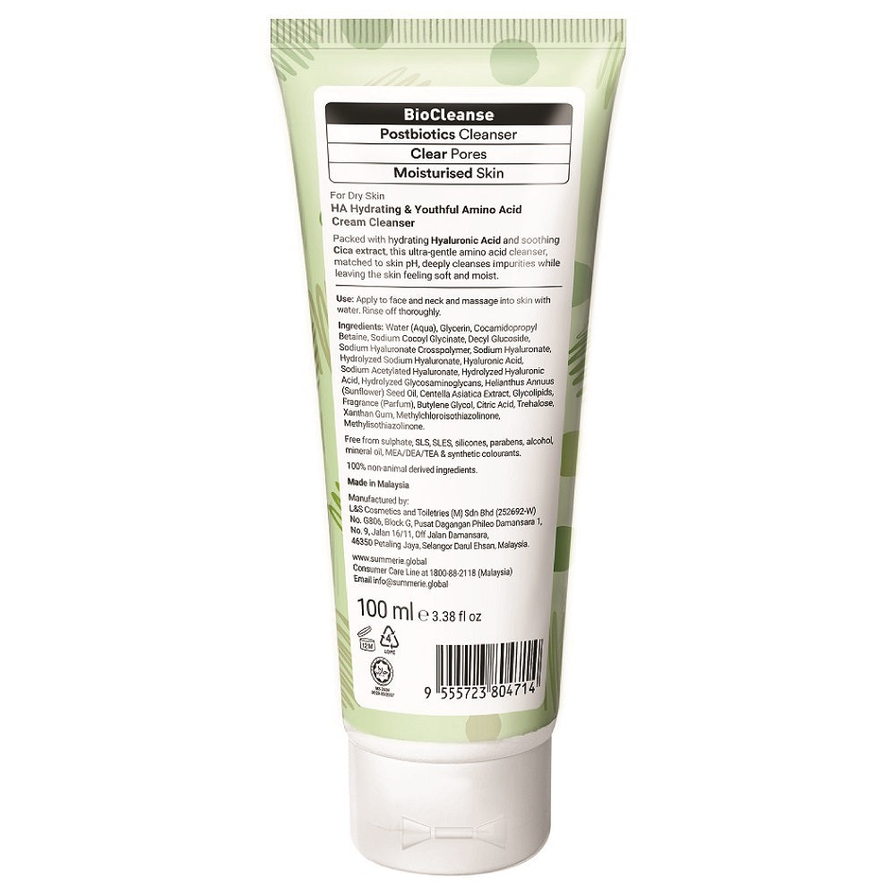 Close-up of the ingredients and directions on the back of the SUMMERIE HA Hydrating & Youthful Cream Cleanser 100ml packaging.