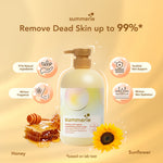 Summerie honey anti-aging nourishing body wash with honey and sunflower elements on a beige background