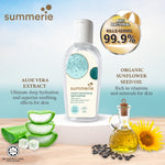 Summerie skincare product with aloe vera, sunflower seed oil, and sunflower flower on a light background