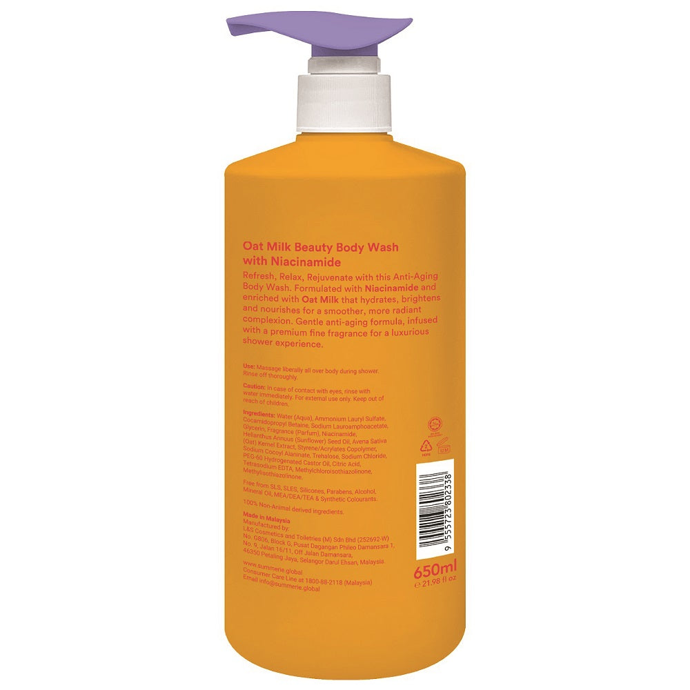 Back bottle showing ingredients and usage information n SUMMERIE Oat Milk Beauty Body Wash