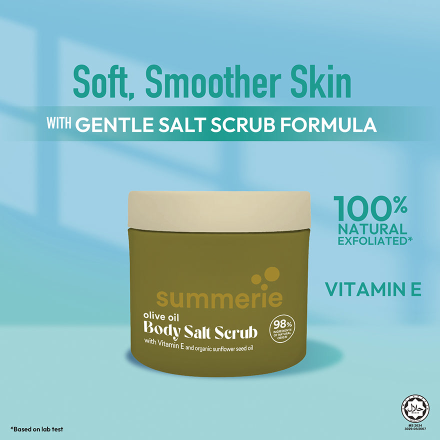Jar of summerie olive oil body salt scrub with text on a blue background