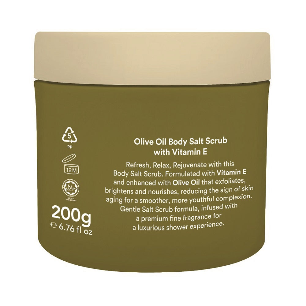 Olive oil body salt scrub container with beige lid on a white background