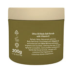 Olive oil body salt scrub container with beige lid on a white background