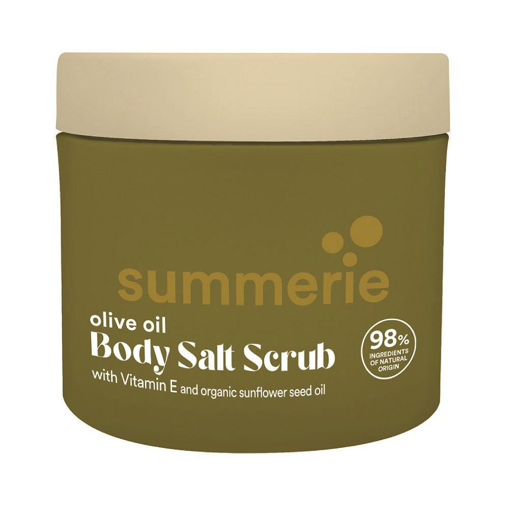 SUMMERIE Olive Oil Body Salt Scrub 200g tub on a clean white background