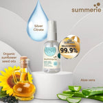 Summerie product with sunflower seed oil, aloe vera, and silver citrate on a light gray background