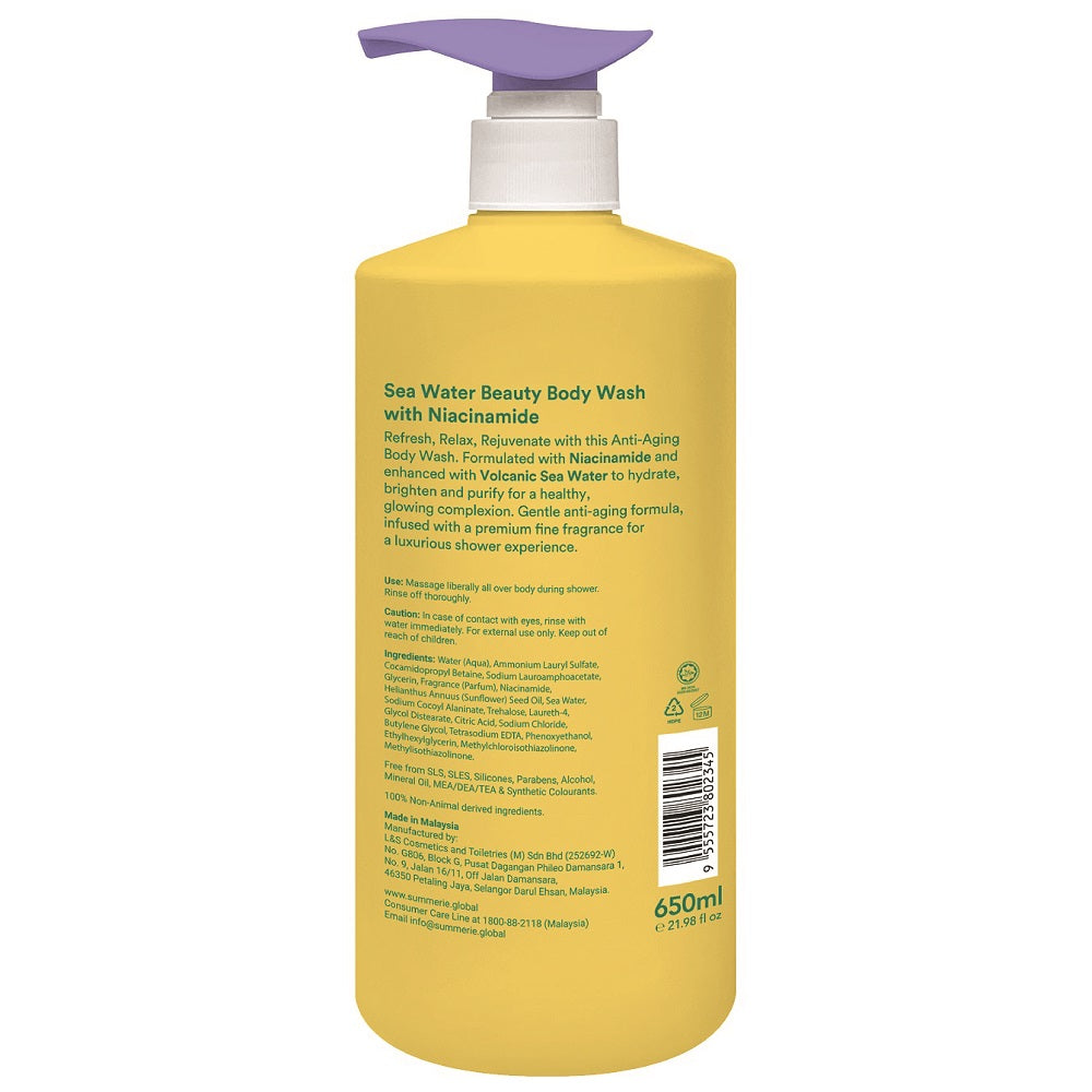 Back label of SUMMERIE Sea Water Beauty Body Wash 650ml showing ingredients, directions, and manufacturing details.