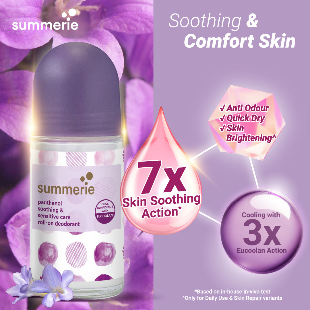 Roll-on deodorant with purple cap and label, surrounded by purple flowers on a light purple background.
