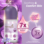 Roll-on deodorant with purple cap and label, surrounded by purple flowers on a light purple background.