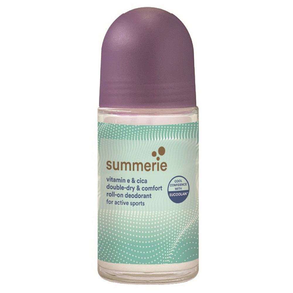SUMMERIE Vitamin E and Cica Double-Dry and Comfort Roll-On Deodorant 50ml bottle on a white background.