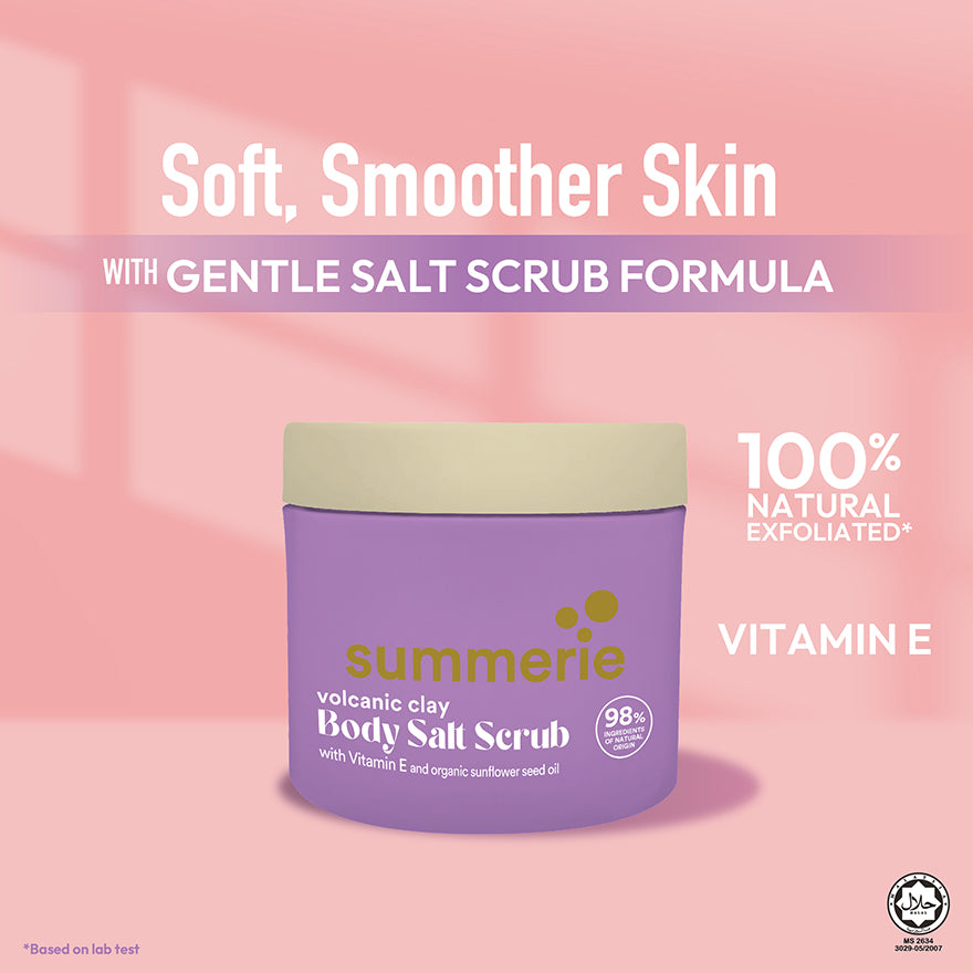 Purple jar of summerie body salt scrub with text on a pink background
