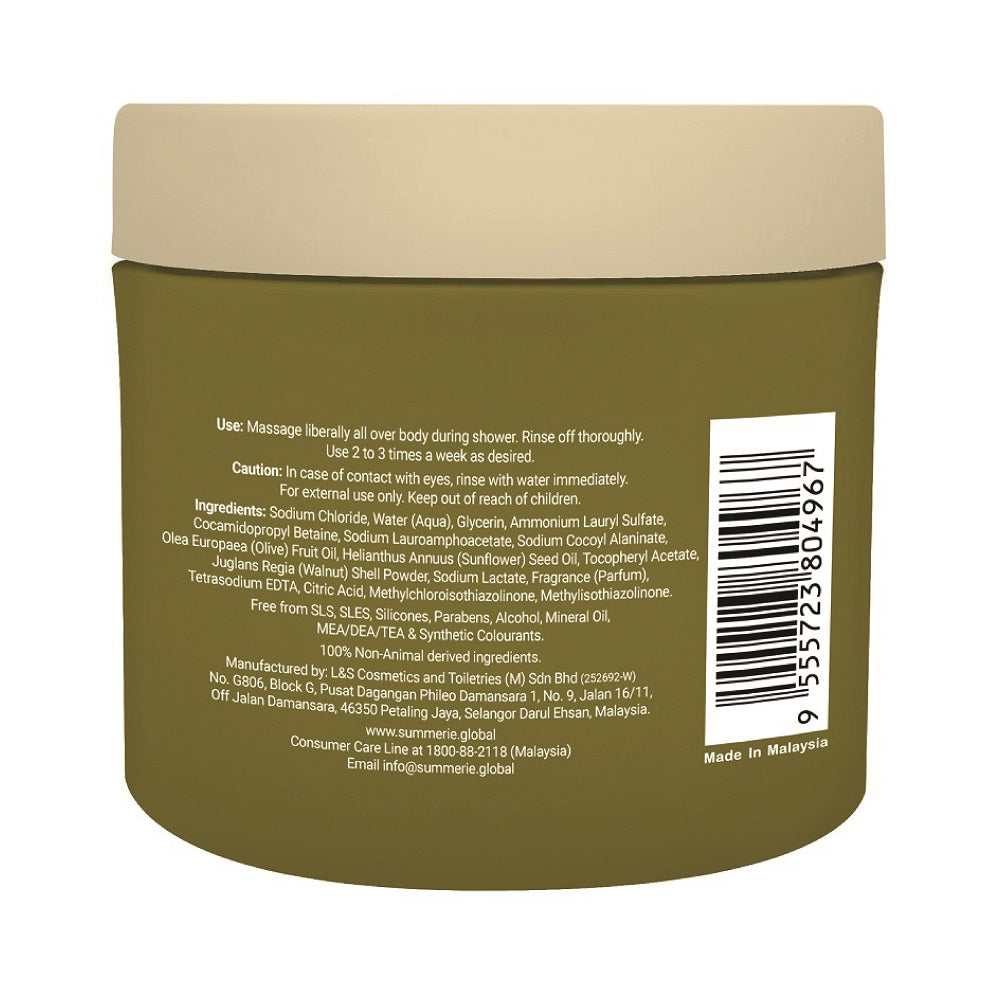 Ingredients and usage instructions on the back label of SUMMERIE Olive Oil Body Salt Scrub
