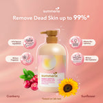 Summerie body wash bottle with product features on a pink background